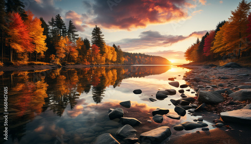 Tranquil autumn forest reflects vibrant sunset on tranquil pond generated by AI