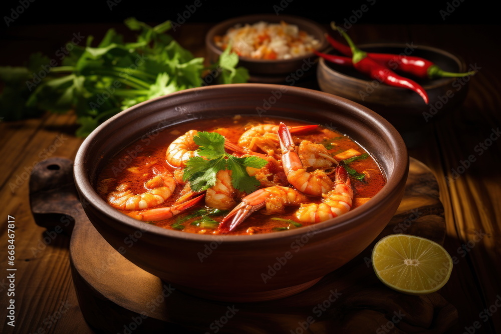 spicy prawn soup placed on a wooden table, Tom Yum Goong spicy prawn soup placed on a wooden table, Tom Yum Goong