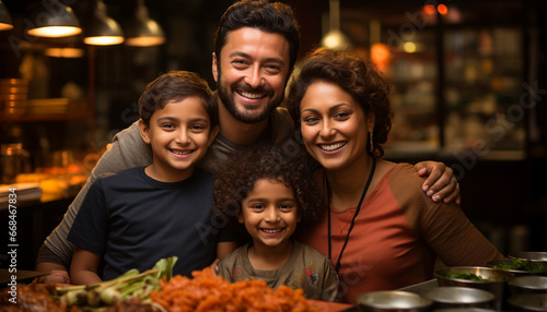 A happy family sitting together, smiling and enjoying food generated by AI