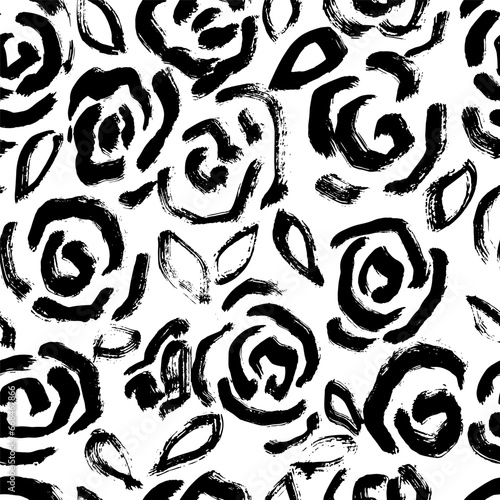 Grunge Distressed Ink Roses Dry Brush Pattern.