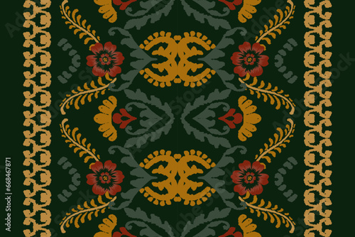 Ikat floral paisley embroidery on black background.geometric ethnic oriental pattern traditional.Aztec style abstract vector illustration.