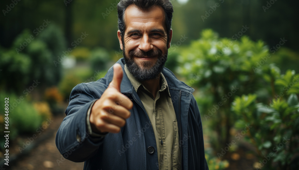 A confident, successful businessman in nature, smiling with satisfaction generated by AI A confident, successful businessman in nature, smiling with satisfaction generated by AI