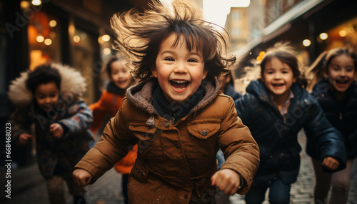 Smiling children playing outdoors, enjoying winter, creating childhood memories generated by AI