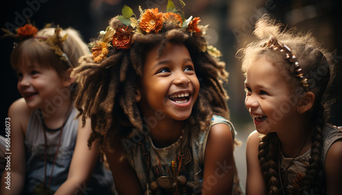 Smiling girls enjoy cheerful, fun childhood outdoors, embracing togetherness generated by AI