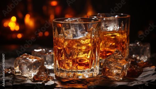 A wet glass on a dark table, whiskey on ice generated by AI
