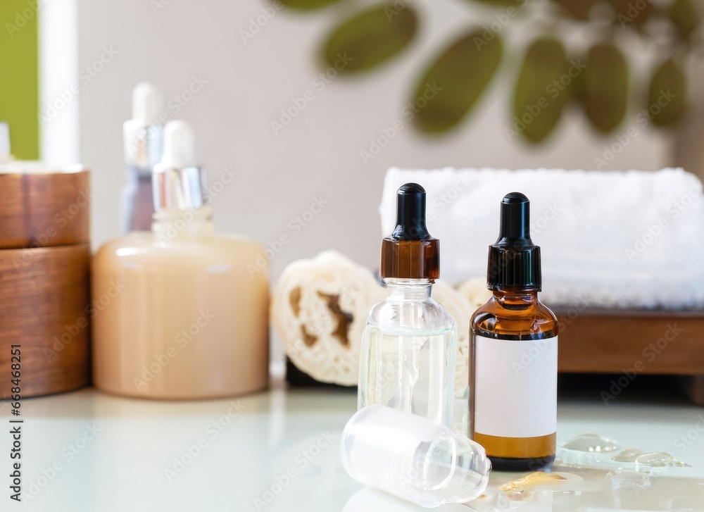 Bottles on the background of the spa room. Skin care serum or natural cosmetics with essential oil. Ai generated. Bottles on the background of the spa room. Skin care serum or natural cosmetics with essential oil. Ai generated.