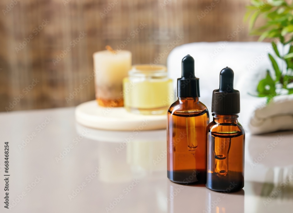 Bottles on the background of the spa room. Skin care serum or natural cosmetics with essential oil. Ai generated. Bottles on the background of the spa room. Skin care serum or natural cosmetics with essential oil. Ai generated.