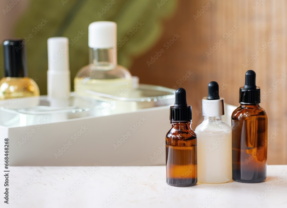 Bottles on the background of the spa room. Skin care serum or natural cosmetics with essential oil. Ai generated. Bottles on the background of the spa room. Skin care serum or natural cosmetics with essential oil. Ai generated.
