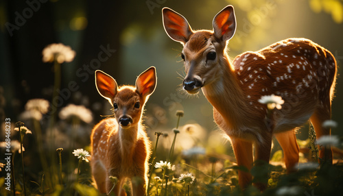 Cute young deer in meadow, looking at camera, surrounded by nature generated by AI