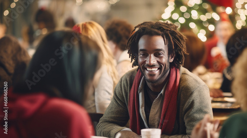 Positive black homeless African American man sitting at a table in a noisy homeless shelter cafeteria, surrounded by other people. Christmas concept.