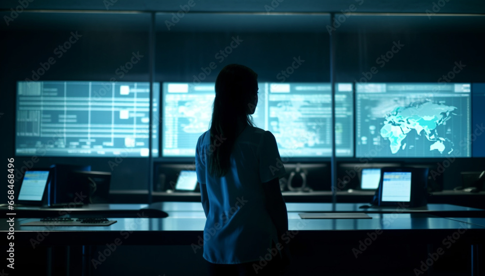Busy businesswoman typing e mails on modern computer in dark office generated by AI Busy businesswoman typing e mails on modern computer in dark office generated by AI