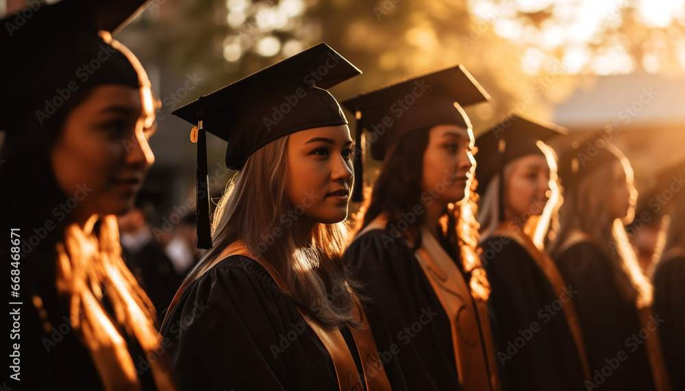 Obraz premium Young adults celebrate graduation, smiling with happiness and success generated by AI