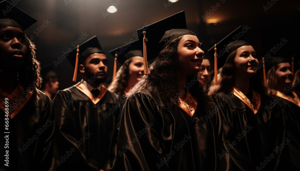 Obraz premium Young adults celebrate success with diplomas at graduation ceremony generated by AI
