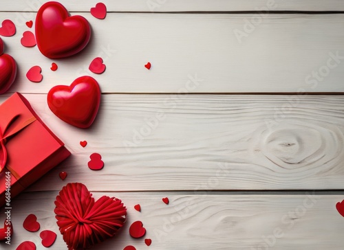 Wooden white background with red hearts, gifts and candles. The concept of Valentine Day. Ai generated.