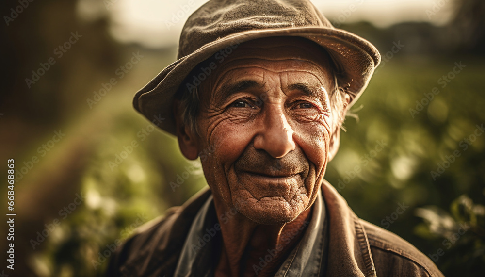 Smiling senior farmer looking at camera in rural summer scene generated by AI Smiling senior farmer looking at camera in rural summer scene generated by AI