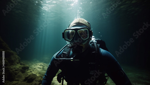 men diving into blue water with scuba equipment for adventure generated by AI © Stockgiu