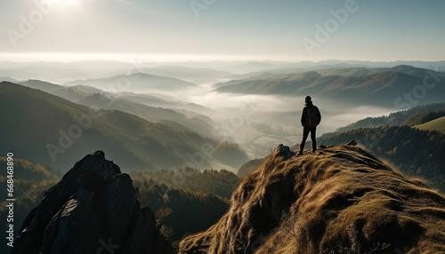 Standing on mountain peak, one person achieves hiking success generated by AI © Stockgiu