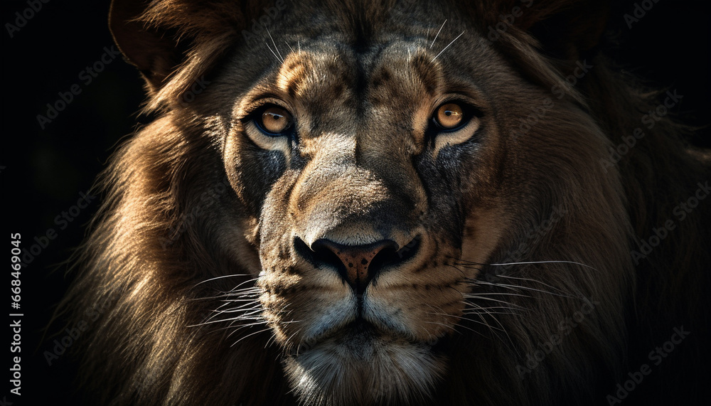 Majestic lion staring, focus on foreground, beauty in nature strength generated by AI Majestic lion staring, focus on foreground, beauty in nature strength generated by AI