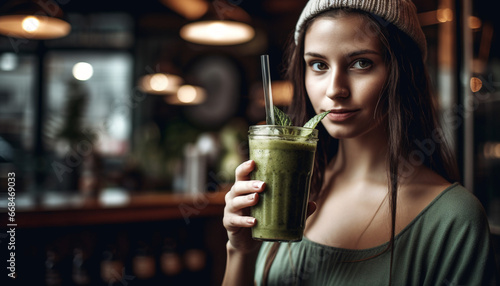 Young woman holding cocktail  looking at camera with confidence generated by AI