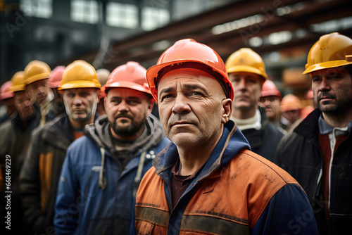  people stand in line wearing hard hats and helmets in a factory