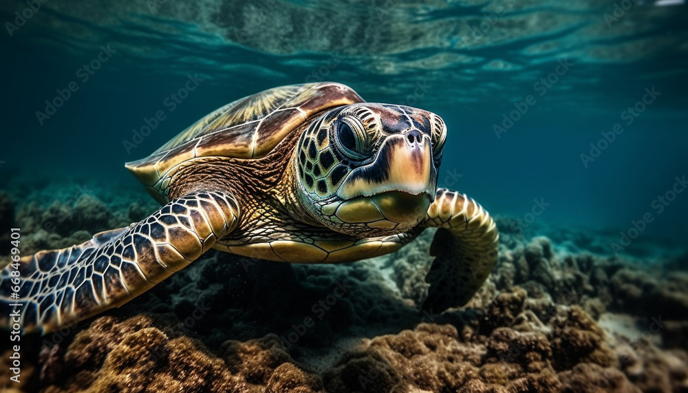 Fototapeta premium Multi colored sea turtle swims in tranquil underwater reef environment generated by AI