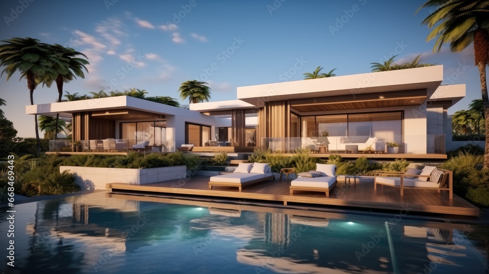 modern villa with open plan living and small terrace for relaxation.