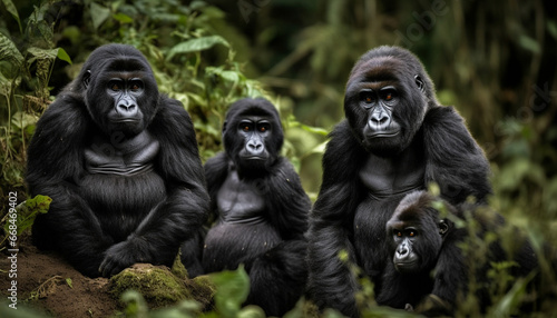 Baby bonobo family sitting in lush African rainforest wilderness generated by AI © Stockgiu