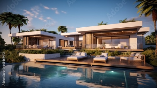 modern villa with open plan living and small terrace for relaxation.