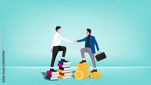 exchanging knowledge or science for money for a business or startup project concept flat design illustration, agreement between investors and business actors, project pitching for funding