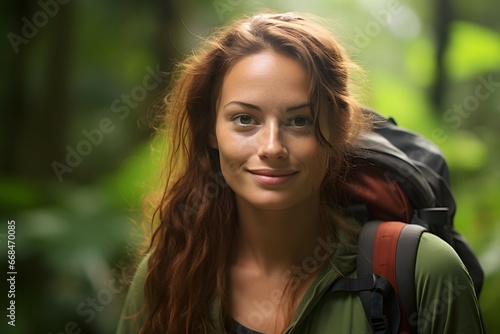 portrait of a female backpacker in a tropical rain forest