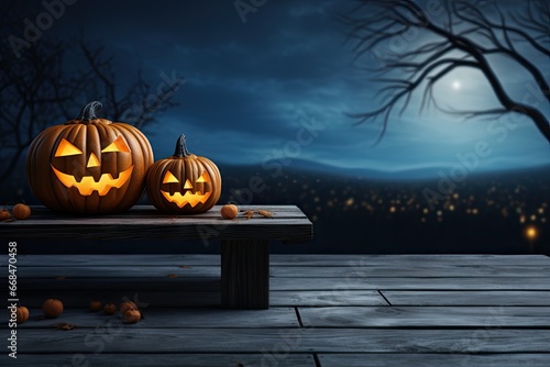 One scary Halloween pumpkin Jack O'Lantern There were evil faces and eyes on the wooden bench. Table with misty background with space for products by generative ai.