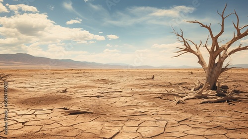 Dead trees due to drought on dry lake with cracked soil. Concept of global warming and water crisis