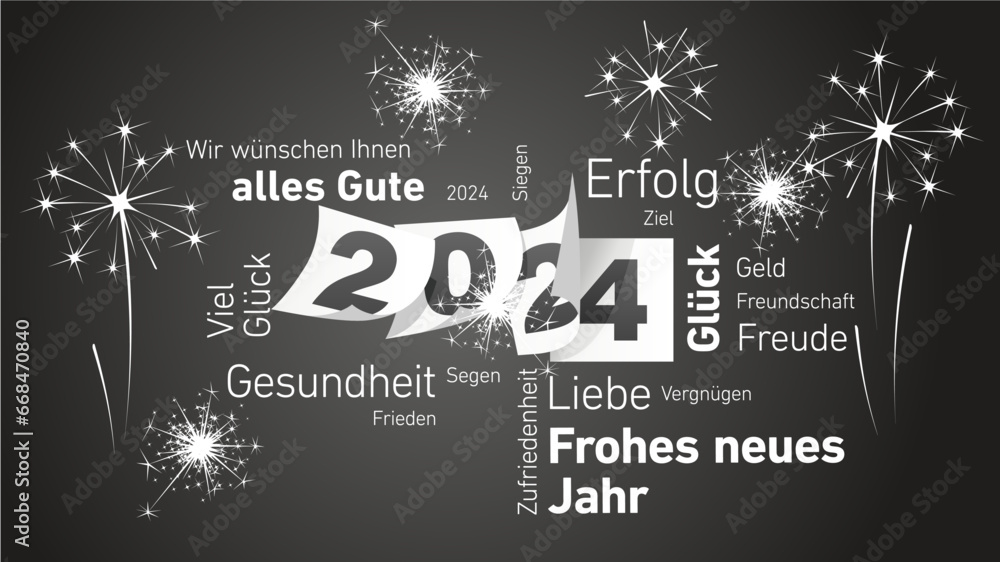 Happy New Year 2024 eve white German word cloud text with black white 2024 calendar pages and light sparkle firework black background vector Happy New Year 2024 eve white German word cloud text with black white 2024 calendar pages and light sparkle firework black background vector