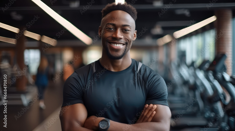 Portrait of black man posing after training in gym. Portrait of black man posing after training in gym.