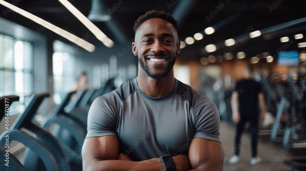 Portrait of black man posing after training in gym. Portrait of black man posing after training in gym.