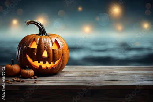 One scary Halloween pumpkin Jack O'Lantern There were evil faces and eyes on the wooden bench. Table with misty background with space for products by generative ai.
