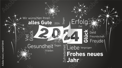 Happy New Year 2024 eve white German word cloud text with black white 2024 calendar pages and light sparkle firework black background vector