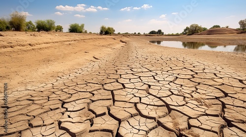 Dry river or lake with cracked ground. Concept of global warming and water crisis