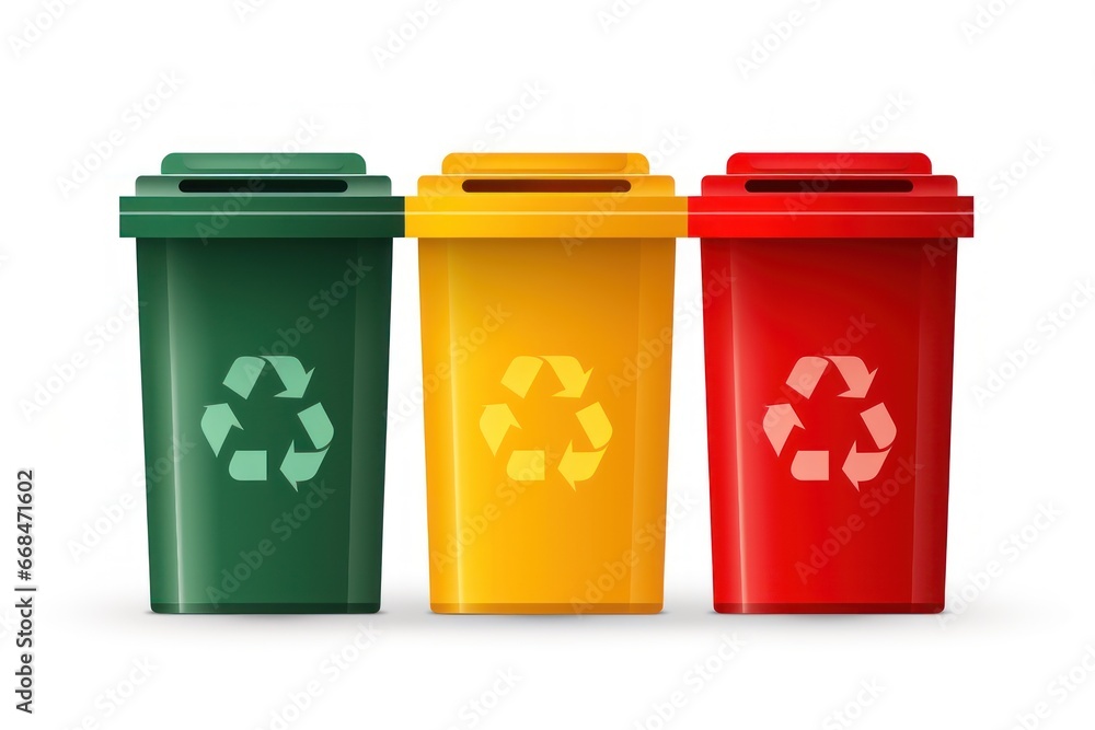 Recycling bins in yellow, green, and blue with recycling symbols on a white background. Generative AI Recycling bins in yellow, green, and blue with recycling symbols on a white background. Generative AI