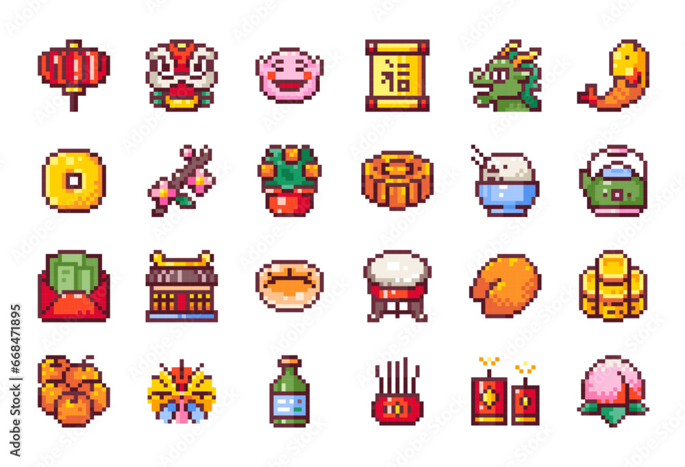 Pixel Art Chinese New Year Icons. 8 bit style stickers of Pixelated Lunar Festival Celebration - Red Paper Lantern, Dragon, Scroll, Coin, Holiday Mandarin Tree, Red Envelope Gift Money, Food, Temple.