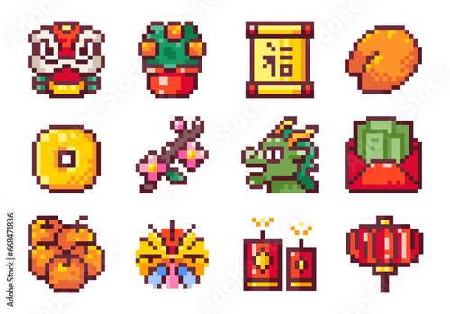 Pixel Art Y2K Chinese New Year Set. 8bit Dragon, Blessing Scroll, Coin, Fortune Telling Cookie, Red Envelope, Firework, Chinese Lantern. Retro Arcade Game Icons, Stickers, Sprites and Avatars.	