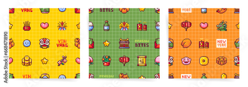 Pixel Art Chinese New Year Seamless Patterns Set. From Dragon and Lantern to Food and Fireworks. Vintage Modern Style Traditional Festival Designs for Wrapping, Wallpaper, and Cultural Backgrounds.