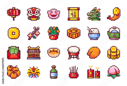 Pixel Art Chinese New Year Icons. 8 bit style stickers of Pixelated Lunar Festival Celebration - Red Paper Lantern  Dragon  Scroll  Coin  Holiday Mandarin Tree  Red Envelope Gift Money  Food  Temple.