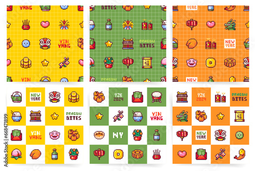 Y2K Pixel Art Lunar New Year Festival Set. Seamless Vector Patterns with Retro Dragon, Food, Gifts, Beverages and Festive Elements. Vintage Arcade Style Backgrounds for Chinese New Year Celebration.