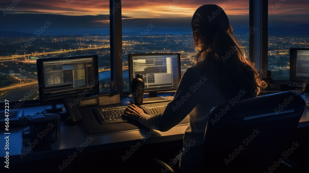 Air traffic controllers, Woman working as air traffic controller in airport control tower. - obrazy, fototapety, plakaty 