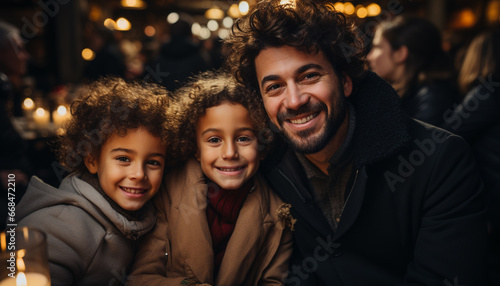 A joyful family embraces, smiling, celebrating Christmas together at night generated by AI