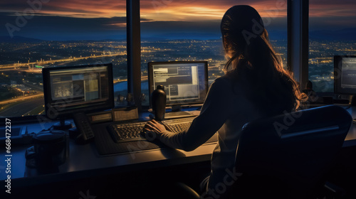 Air traffic controllers, Woman working as air traffic controller in airport control tower. photo