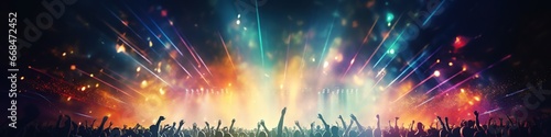 Rock Concert. Electronic Dance Music Festival. Silhouettes of concert crowd in front of bright stage lights, Colorfull background. Generative AI photo