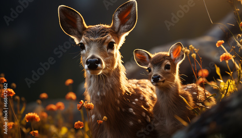 Cute puppy and deer playfully together in meadow generated by AI