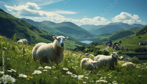 Cute young lambs grazing in green meadow under blue sky generated by AI